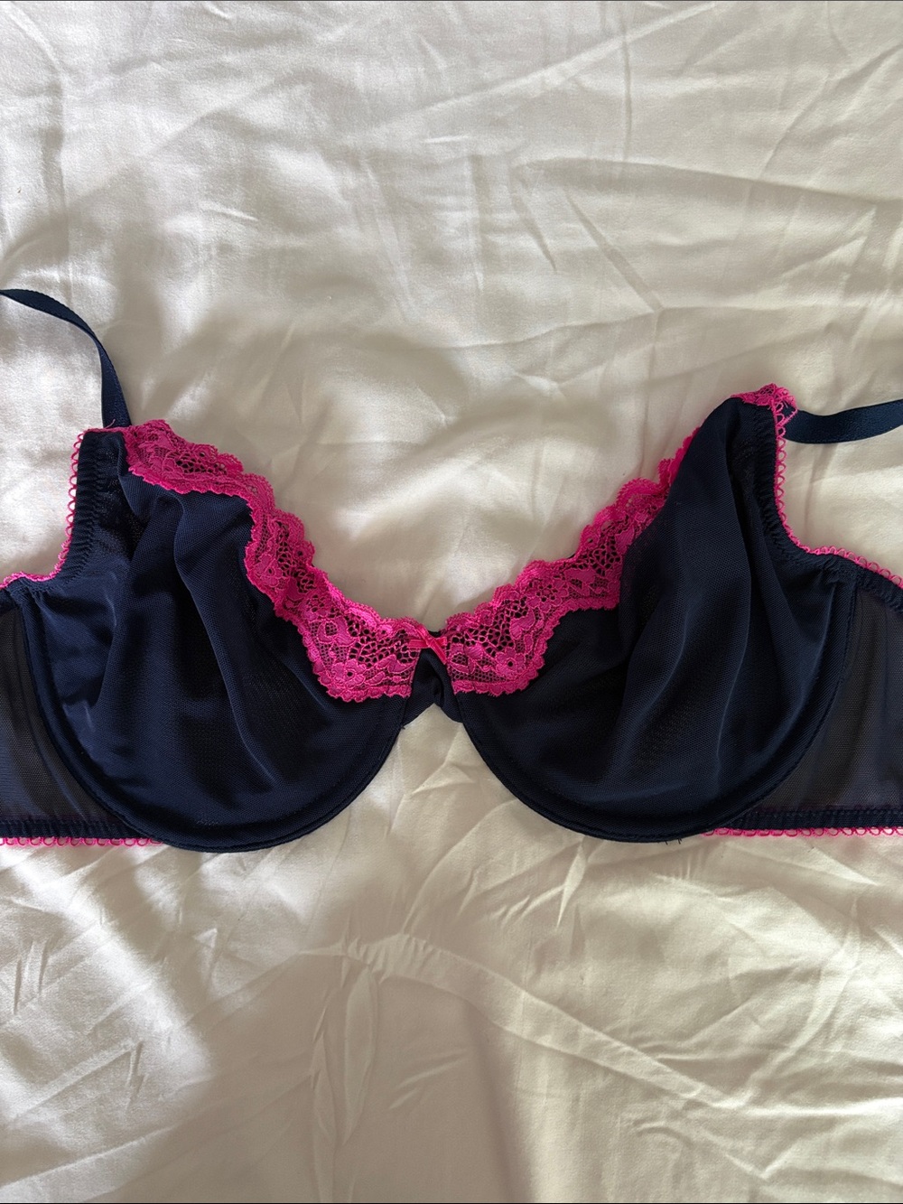 Victoria's Secret Navy Bra with Hot Pink Lace Accent